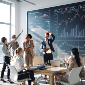 Grupo de pessoas a analisar dados financeiros.